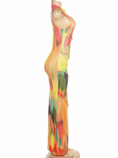 Colorful Print Dress Women Sleeveless Patchwork Skinny Bodycon Dress