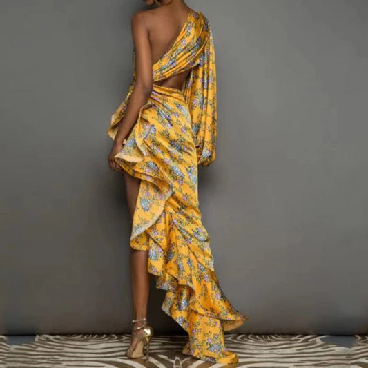 Women's Printed One Shoulder Sexy Dress Slim Hem Irregular Ruffle Party Elegant Dress