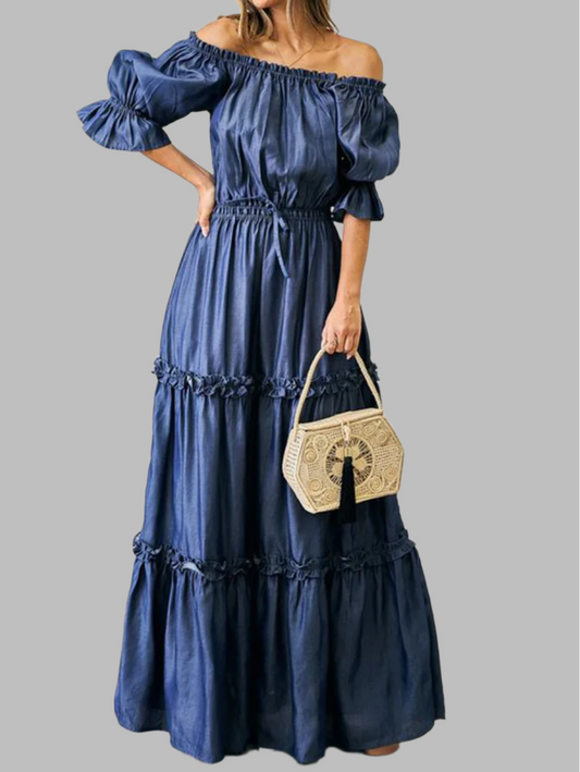 Women's Plus Size Off-Shoulder Dress Ruffle Sleeve Stretchy Elegant Vintage Casual Sweet Summer Long A-Line Pleated Gown