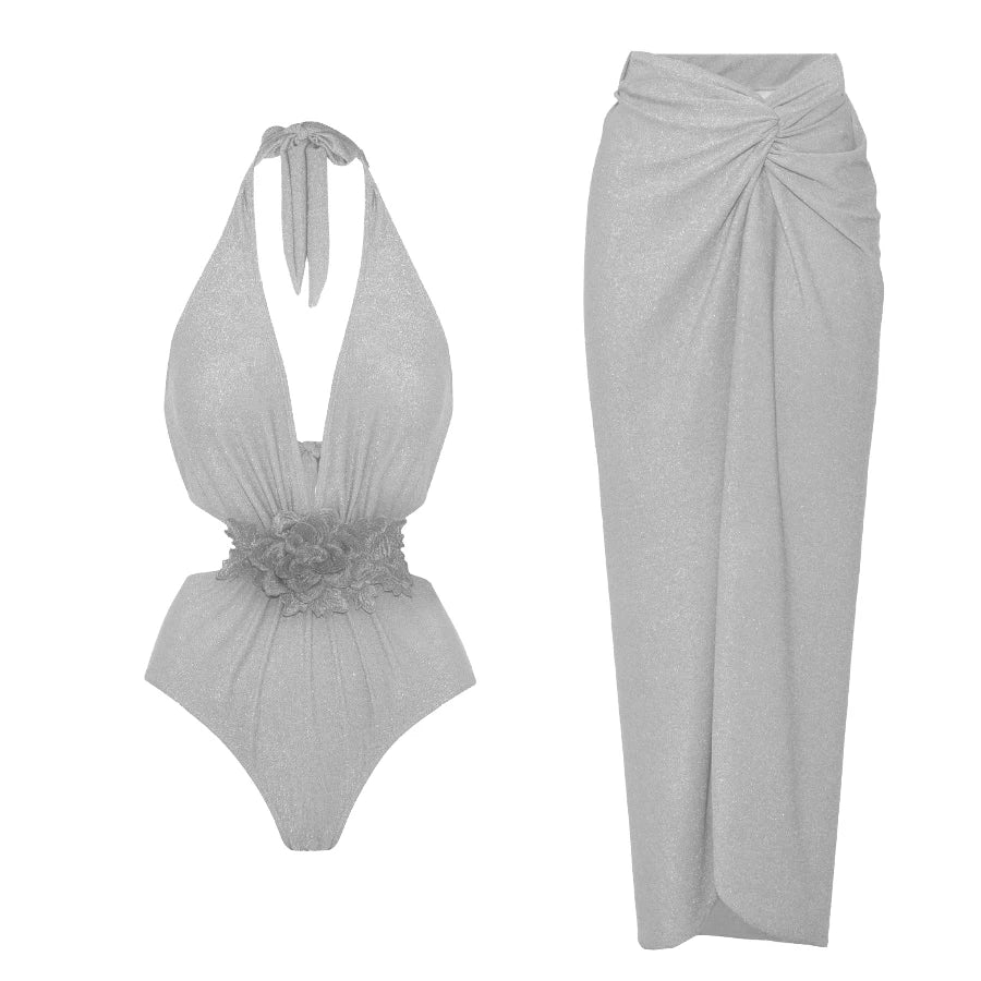 Swimwear Women With Skirt Bathing Suit Summer New Ruffle Splice Print Beachwear Bikini Cover Ups