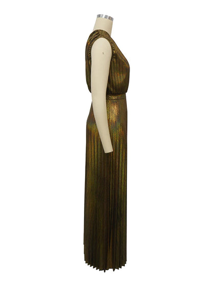 Metallic Golden One Shoulder Sleeveless Pleated A-Line Maxi Dress Elegant Cocktail Dress