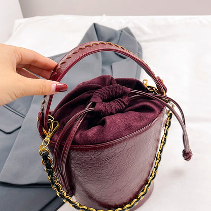 Retro Bucket Crossbody Bags For Women Oil-waxed Leather 2-IN-1 Chain Shoulder Bag