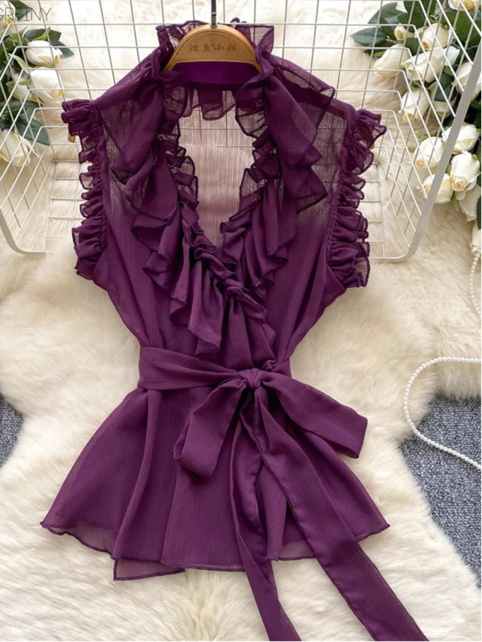 Sweet Ruffles Chiffon Blouses Women Sleeveless V Neck Retro Lace Up Blouse