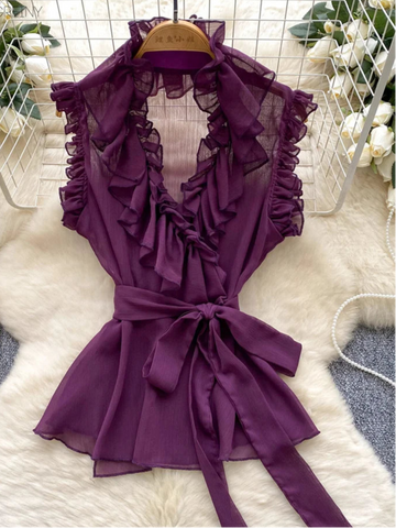 Sweet Ruffles Chiffon Blouses Women Sleeveless V Neck Retro Lace Up Blouse