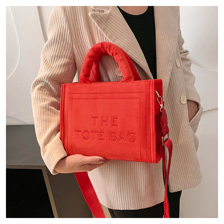 Women's Khaki Velour Tote Bag Original Letter Print Shopper Handbag