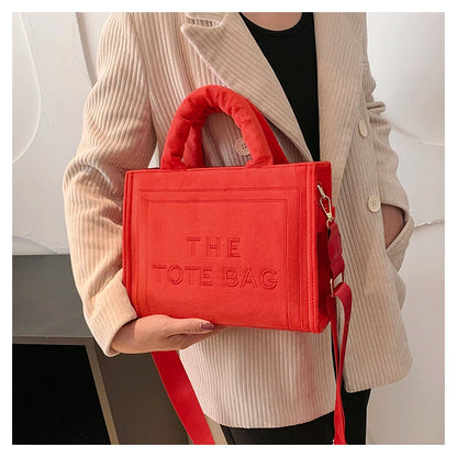 Women's Khaki Velour Tote Bag Original Letter Print Shopper Handbag