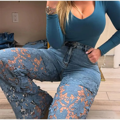 Urban Crochet Denim Women Pants Hollow Out Zippers Pocket Button Female Trousers