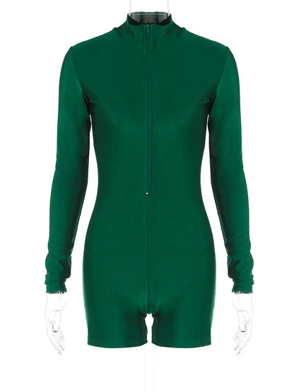 Solid Turtleneck Playsuit Romper Long Sleeve Zip Up Sexy Slim Skinny One Piece Playsuit Party Romper