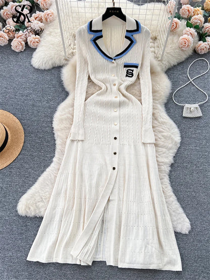 Women Polo Dress Single Breasted Pocket Design Bodycon Knitted Dress Sweater Midi Dress