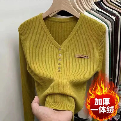 Thick Velvet V-neck Sweater Women Korean Fashion Lined Warm Knitted Pullover