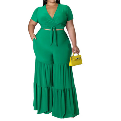Plus Size Pants Sets Two Piece Outfits Summer Holiday Solid Bandage Top Wide Leg New Matching Suit