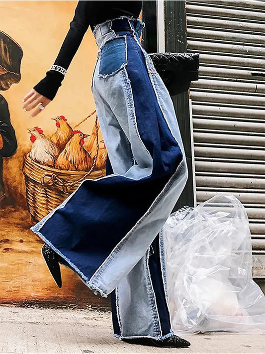 Vintage Streetwear High Waist Denim Pants Casual Color block Patchwork Denim Jeans Trousers
