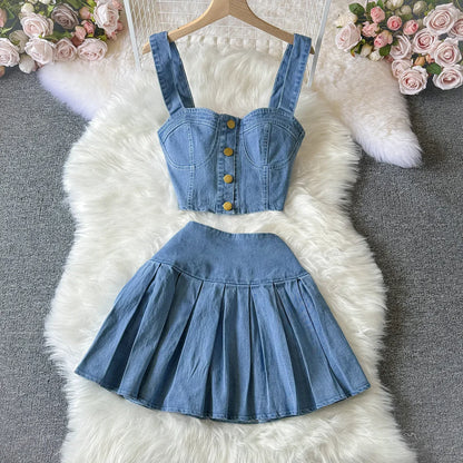 Denim Skirt Stets Two Pieces Sleeveless Tanks Top and Pleated Mini Skirt