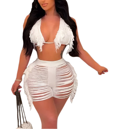 Women Fringe Tassel Bikini Shorts Set Hollow Out Jamaican Crochet Swimwear Summer Beach Knitted Cover Up Swimsuit