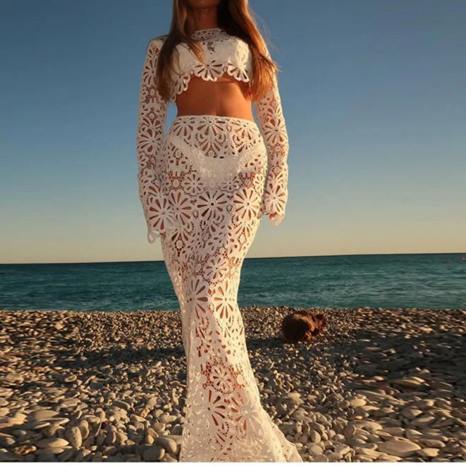 Summer Vacation See Through Crochet Top Women Set Hallow Out Flare Long Sleeve Skirts Set