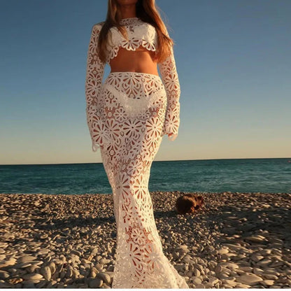Summer Vacation See Through Crochet Top Women Set Hallow Out Flare Long Sleeve Skirts Set