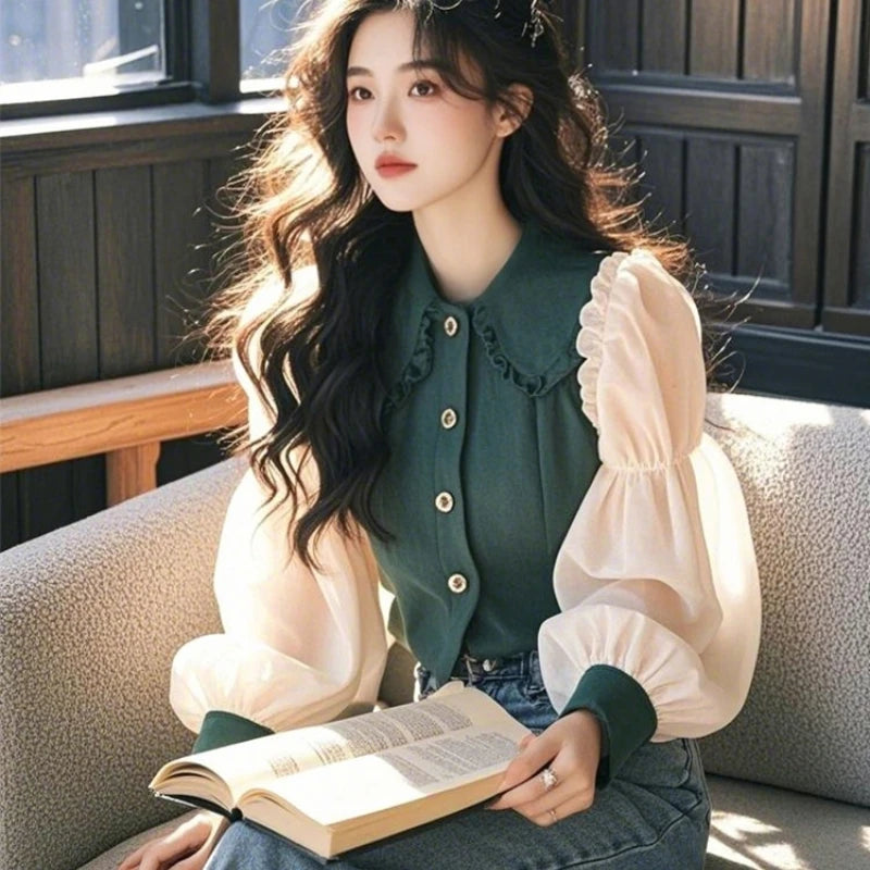 Vintage Women's Blouses Korean Shirts  Loose Chiffon Patchwork Long Sleeve Ruffle Top