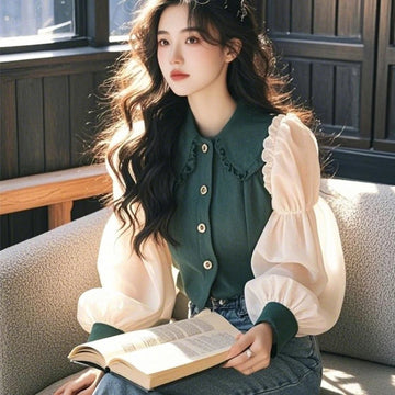 Vintage Women's Blouses Korean Shirts  Loose Chiffon Patchwork Long Sleeve Ruffle Top
