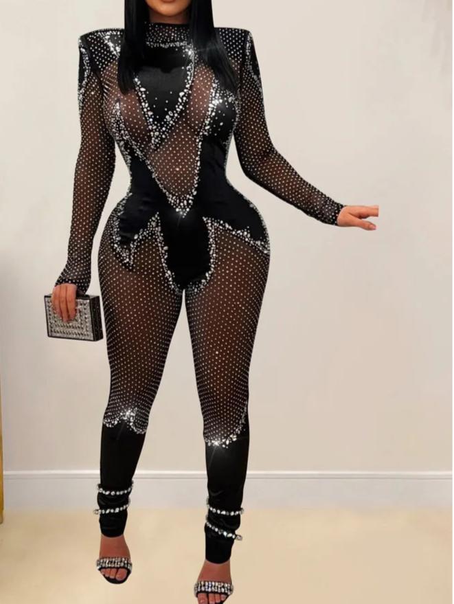 Sheer Mesh Crystal Jumpsuits Women Sheer Party Skinny One Pieces Rompers Birthday Outfits