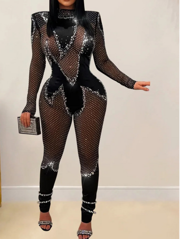 Sheer Mesh Crystal Jumpsuits Women Sheer Party Skinny One Pieces Rompers Birthday Outfits