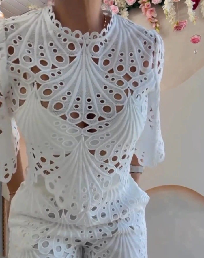 2 Pieces Outfit Lace Hollow Out Bell Sleeve Crop Top and Casual Slim Fit Straight Leg Pants Set
