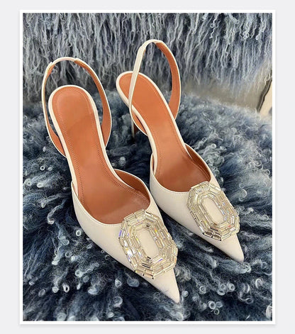 Oval Rhinestone Buckle Toe Sandals Pointed Thin Heel Hollow Banquet High Heels