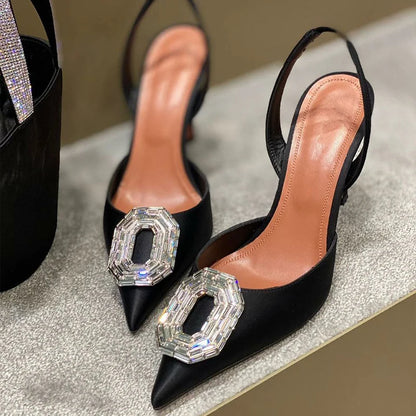 Oval Rhinestone Buckle Toe Sandals Pointed Thin Heel Hollow Banquet High Heels