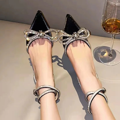 Glitter Rhinestones Women Pumps Crystal Bowknot Silk Pointed Toe Buckle Strap Thin High Heels Party Prom Shoes