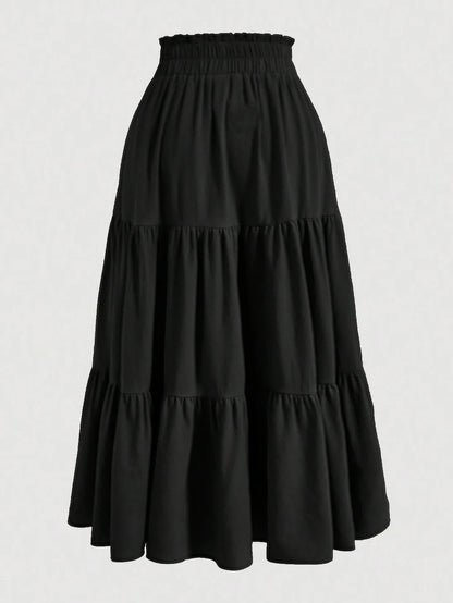Women's Patchwork Solid Color Loose Skirt; Commuting Casual Cake Skirt; Elastic Waist Elegant Skirt