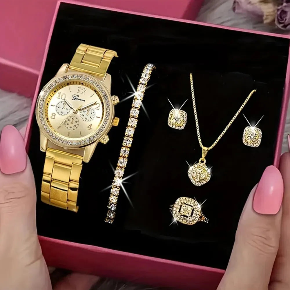 5 PCS Set Gold Watch Women Luxury Ring Necklace Earrings Rhinestone Fashion Wristwatch