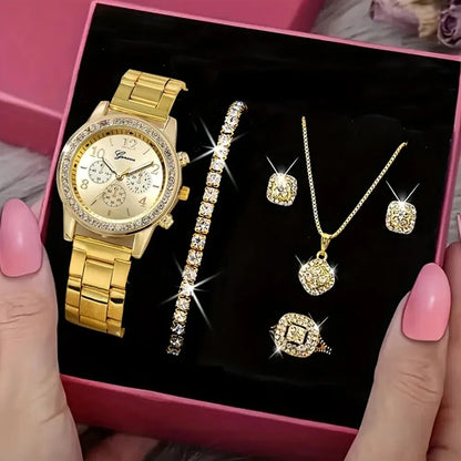5 PCS Set Gold Watch Women Luxury Ring Necklace Earrings Rhinestone Fashion Wristwatch