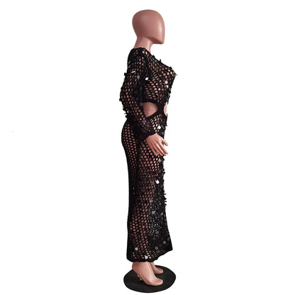 Fishnet Knitting Hollow Sequins Maxi Dress Sexy See Through Vacation Beach Dress Resort Wears