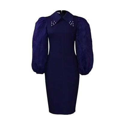 Elegant Office Dress fro Women Professional Full Sleeve Turn Down Collar Beaded Sheath Package Hips Mid Calf Formal Work Dress