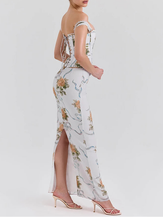 Vintage Maxi Dress Women Off-shoulder Sleeveless Backless Bodycon Party Long Dress
