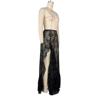 Lace Skirt Transparent Maxi Lace Skirts for Women Asymmetrical Ruffle Lace Skirt