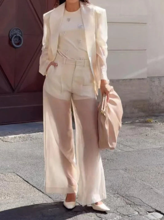 Sexy See Through Silk Set Women Elegant Blazer Coat Loose Shirt Wide-leg Pants