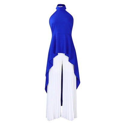 Elegant Two Piece Set Women Outfit Backless Top Hundred Pleated Wide Leg Pants Trousers Suit Summer Office Lady Suit