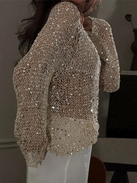 Sequin Knitted Hollow Out Sweater Women Elegant O-neck Loose Knitted Top