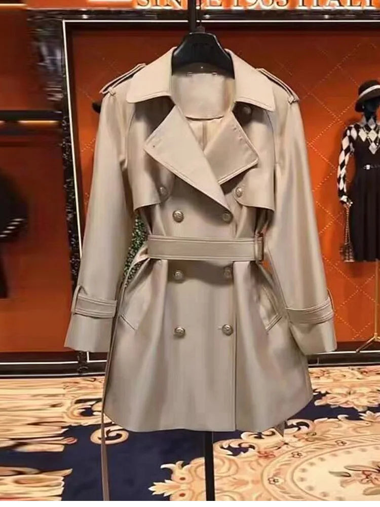 Autumn Khaki Satin Trench Coat for Women British Style Belted Double Breasted Coat