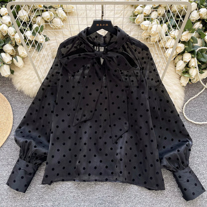 Vintage Polka Dot Tops Puff Sleeve Bow Lace Up Design Blouse