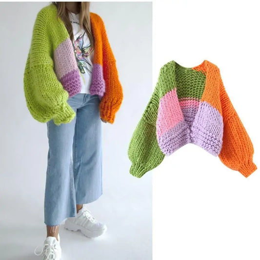 Women's Multicolor Matching Sweater V-neck Cardigan Knitted Autumn Coat