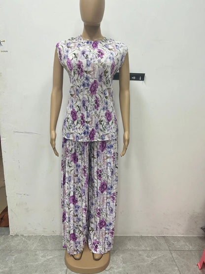 Women Set Floral Print Short Sleeve Pleated T-Shirt + Wide Leg Pants Two 2Piece Sets