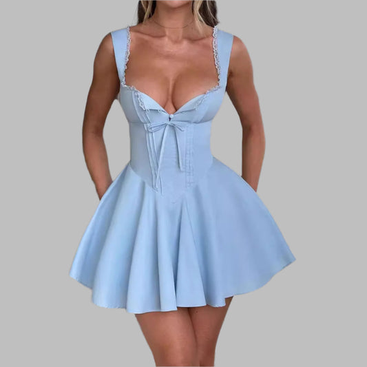 Sleeveless Lace Splicing Spice Slip Dress Slim Backless Ballet Pompadour Dress V-neck High-waisted Mini Dress