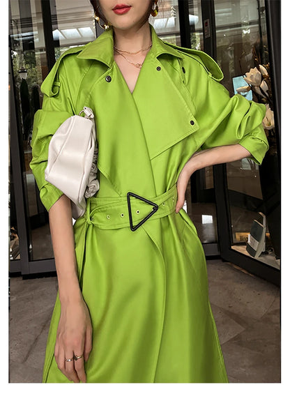 Luxury Long Oversized Bright Green Faux Leather Trench Coat for Women