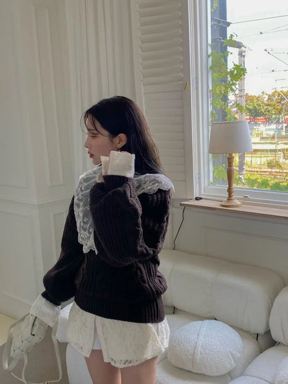 Chic Fried Dough Twists Pattern Pullover Loose Lantern Sleeve Knit Sweater