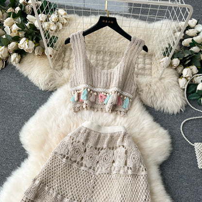 Bohemian Vintage Knit Two Piece Tank Tassels Crop Tops+Loose Hooked Hollow Out Skirt Beach Outfit
