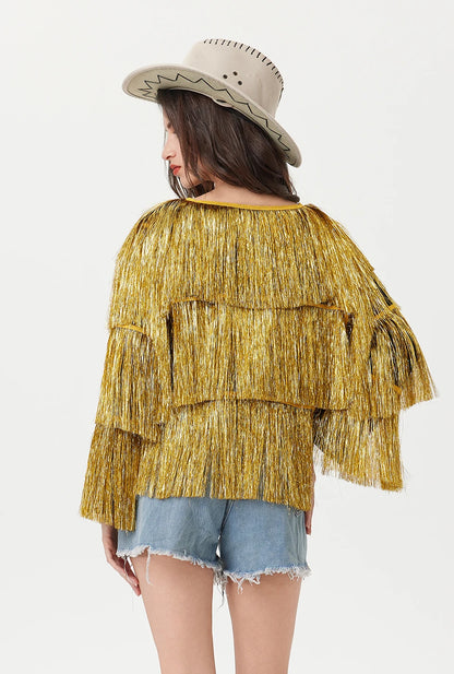 Tinsel Women Coat Temperament Club Coat Long Sleeve Trendy Fashion Sequins Tassel Jacket