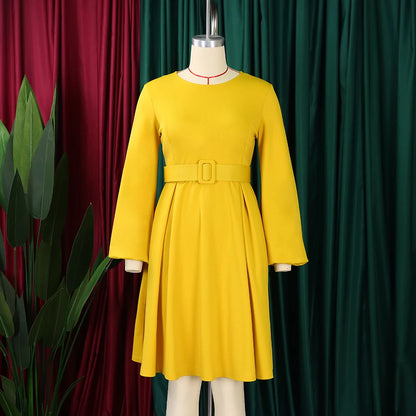 Elegant Office Dresses Women O Neck Full Sleeve Belt Waisted Pleated A Line Mid Calf Formal Female Business Work Wear Dress Midi
