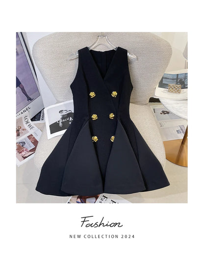 French Elegant Sleeveless A-Line Tunic Blouse Black Classic Gold Button