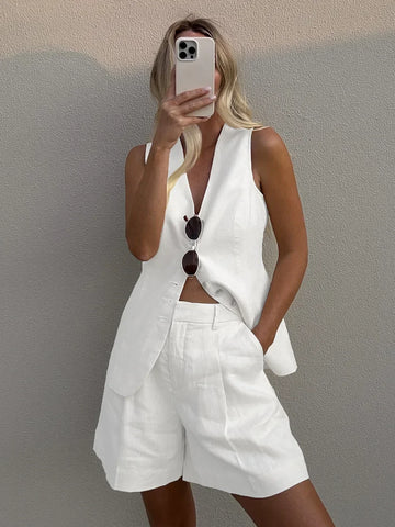 Cotton linen Chic Casual Vest Shorts Set Women's Fashion Commuter Sleeveless Loose Shorts Set